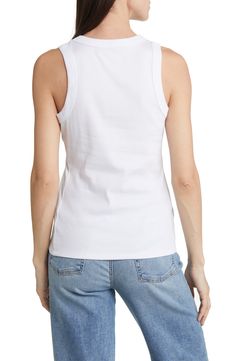 Slim, sexy and streamlined, the brand's best-selling tank is made from supersoft rib and has a high neckline and cutaway shoulders. 23 1/2" length (size Medium) Crewneck Cutaway shoulders 95% Supima® cotton, 5% elastane Machine wash, tumble dry Imported Spring Sporty Racerback Camisole, Sporty Racerback Camisole For Spring, Sporty Everyday Camisole, Spring Athleisure Stretch Camisole, Fitted Casual Racerback Camisole, Casual Fitted Racerback Camisole, Casual Racerback Camisole With Seamless Construction, Athleisure Stretch Camisole For Spring, Spring Fitted Seamless Tank Top