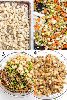 four pictures showing the steps to make chicken and vegetable casserole in one photo