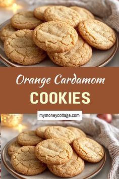 orange cardamoon cookies on a plate with the title above it and in the background