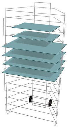 three tiered shelf with wheels and four trays on each side, in blue