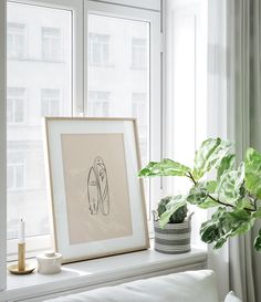 a white window sill sitting next to a potted plant on top of a table