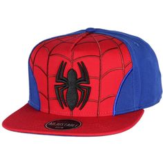 a red and blue hat with a spider man on it