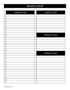 the printable brain dump list is shown in black and white