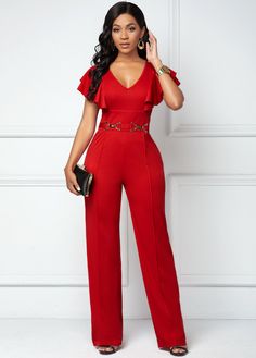 Red Butterfly Sleeve V Neck Jumpsuit | Rosewe.com - USD $29.99 Rompers Online, Solid Color Jumpsuits, Cocktail Outfit, Quotes Happy, Red Butterfly, Butterfly Sleeve, Layered Fashion, Short Sleeve Jumpsuits, Mother Son