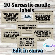 20 sarcastic candle labels with the words, birthday candles and sayings in black on white