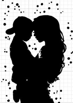 a silhouette of a man and woman kissing in front of dots on a white background