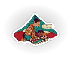 a sticker depicting a man sitting in a tent reading a book to his child