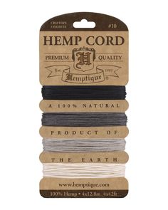 the hemp cord is packaged in five different colors and sizes, including black, white,