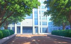 an animated image of a building surrounded by trees and bushes in front of the entrance