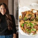 a woman standing in front of a plate of food next to a photo of the same dish