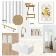 a collage of white and beige decor with wood accents, including a bar stool