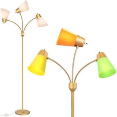 three lamps with different shades on each lamp and one light is turned off to the side