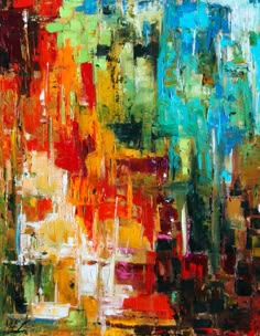 an abstract painting with many colors and shapes