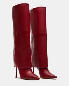 SMITH Red Leather Cuffed Stiletto Boot | Women's Boots – Steve Madden Fold Over Boots, Yantai, Dr Shoes, The Smith, Leather Wear, Knee Boot, Wide Calf Boots, Long Boots, Dream Shoes