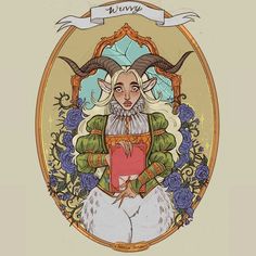 an image of a woman with horns and flowers on her head, holding a book