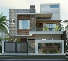 a car is parked in front of a two story house with balconies on the second floor