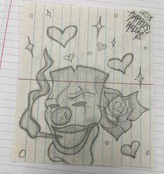 a pencil drawing of a cartoon character with roses and hearts in the background on lined paper