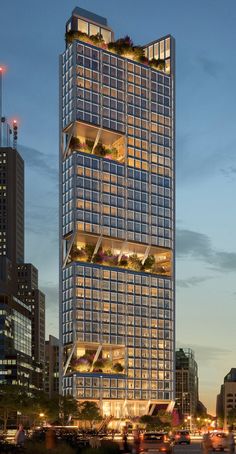 an artist's rendering of a tall skyscraper with plants growing on the upper floor