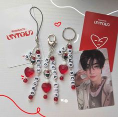 - handmade - enhypen romance: untold themed - phone strap, lobster claw, slip ring closure - beaded keychain - acrylic + glass beads - red, white, silver this item is solely for aesthetic purposes, NOT for heavy use, please be gentle while handling colors may slightly differ due to monitor brightness, lighting, etc. length varies on personalization Korean Phone Keychain, Enhypen Beaded Jewelry, Keychain Ideas Diy Beads, Skz Friendship Bracelet, Enhypen Romantic Untold, Phone Keychain Ideas, How To Make A Beaded Keychain, Kpop Friendship Bracelets, Keychain Beads Aesthetic