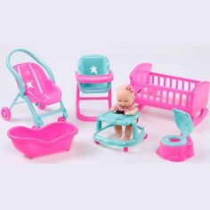 a baby doll sitting in a toy bathtub next to other toys and accessories on a white background