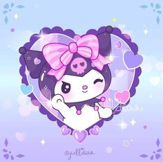 a cartoon character with a pink bow on her head and purple hair, sitting in the shape of a heart