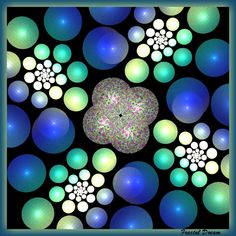 an abstract painting with blue, green and white circles in the center on a black background