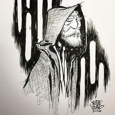 a black and white drawing of a wizard