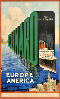 an advertisement for the european cruise line, showing a large ship in the water with buildings on either side