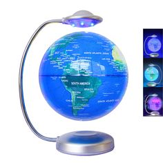 a blue illuminated globe with the names of all countries on it and a light up base