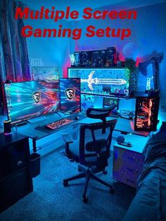 a room filled with computer monitors and gaming equipment