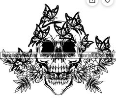 a skull with flowers and butterflies on it's head, in black and white