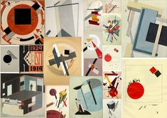 a collage of various abstract paintings with different shapes and sizes, including geometrics