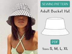 a woman wearing a white and black checkered hat with the text sewing pattern adult bucket hat