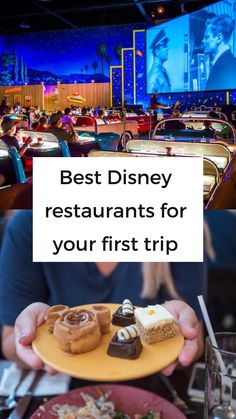 a person holding a plate with desserts on it and the words best disney restaurants for your first trip