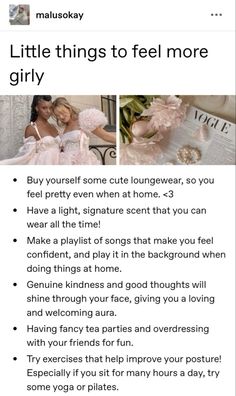 How To Be Soft And Feminine, Coquette Tips, Feminine Self Care, Sugarbaby Lifestyle Tips, Matilda Djerf Summer, Girly Activities, Casual Business Outfits, Princess Tips, Rat Cute