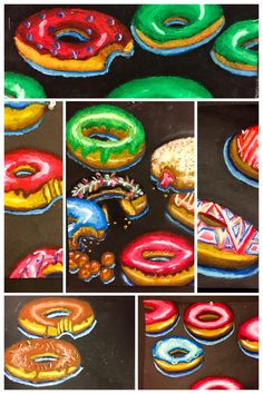 several different pictures of doughnuts and donuts painted with colored crayons