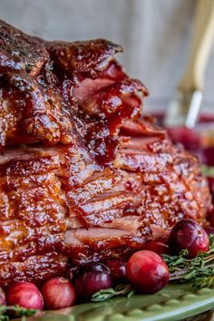 a large piece of meat sitting on top of a green plate covered in cranberry sauce