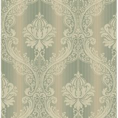 an ornate wallpaper pattern with green and beige stripes on the bottom half of it