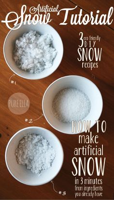 three bowls filled with snow sitting on top of a wooden table