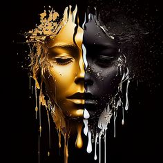 a woman's face is covered in gold paint and dripping from the top to bottom