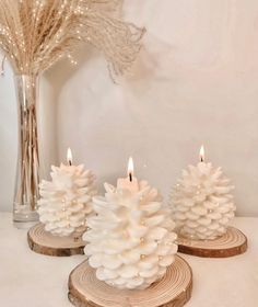 three candles sitting on top of wooden slices