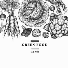 a black and white drawing of different types of vegetables on a white background with the words green food menu written below