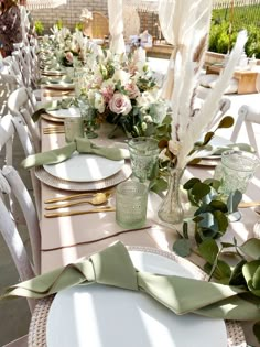 Boho Chic Pink and Sage Bridal Shower Table Decor Wedding Sage Green Centerpieces, Sage Boho Wedding Decor, Engagement Table Setting Ideas, Elegant Green Centerpieces, Boho Chic Baby Shower Table Setting, Bridal Shower Decorations Table Decor, Sage White And Gold Wedding Decor, Sage Green Round Table Setting, Pink And Green Table Decorations