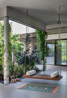 an indoor area with plants and hanging swings in the center, surrounded by greenery