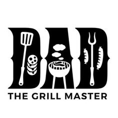 the grill master logo is shown in black and white, with different types of cooking utensils