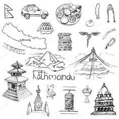 hand drawn set of famous places and symbols