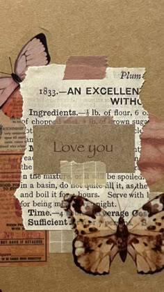 altered photograph of butterflies and words on brown paper with text below the image that says love you