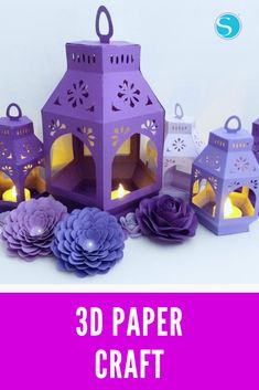 purple paper lanterns and flowers with the words 3d paper craft on it's side