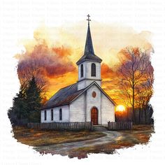 a painting of a church with the sun setting behind it