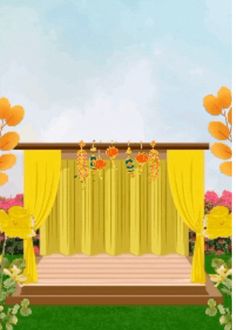 the stage is decorated with yellow drapes and flowers